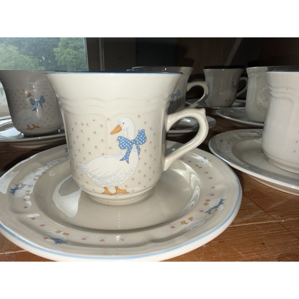 VTG Aunt Rhody Blue Bow Goose 8 Cup & Saucer Sets Brickoven Stoneware Cottage